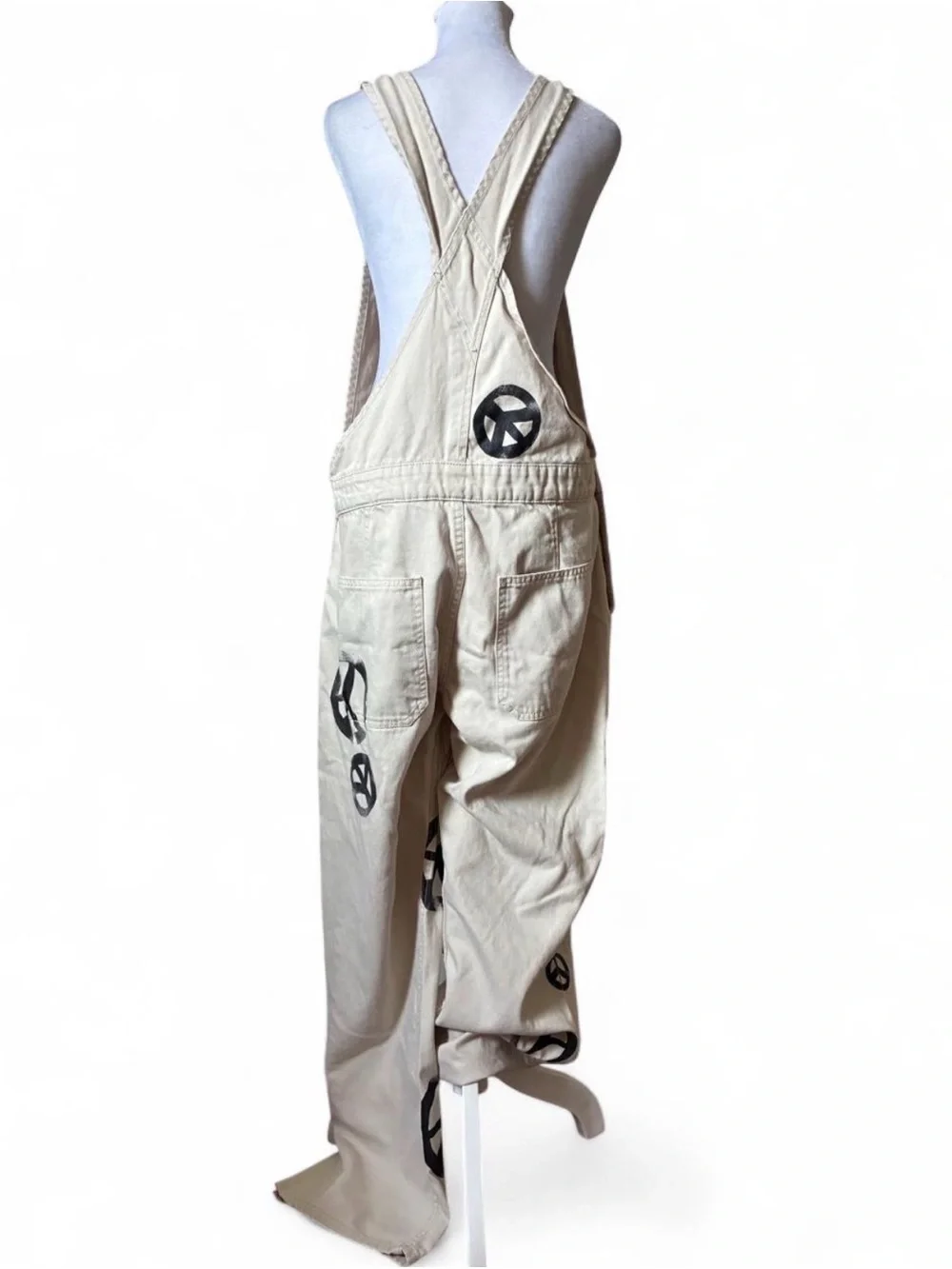 Free People Cream Peace Sign Boho Wide Leg Utility Jumpsuit Overalls size Medium